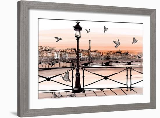 Sunset on Seine River from Pont Des Arts in Paris - Vector Illustration-isaxar-Framed Art Print