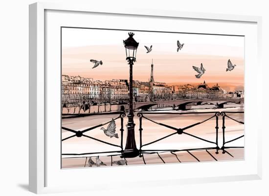 Sunset on Seine River from Pont Des Arts in Paris - Vector Illustration-isaxar-Framed Art Print