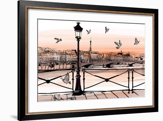 Sunset on Seine River from Pont Des Arts in Paris - Vector Illustration-isaxar-Framed Art Print