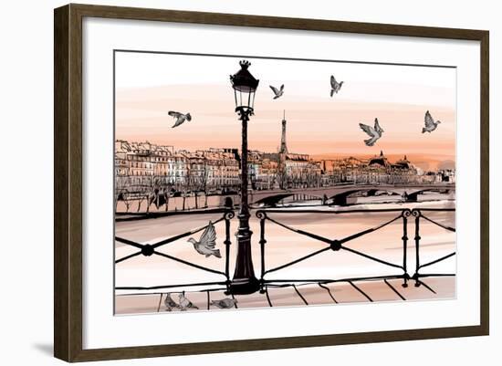 Sunset on Seine River from Pont Des Arts in Paris - Vector Illustration-isaxar-Framed Art Print