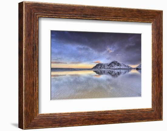Sunset on Skagsanden Beach Surrounded by Snow Covered Mountains, Lofoten Islands-ClickAlps-Framed Photographic Print