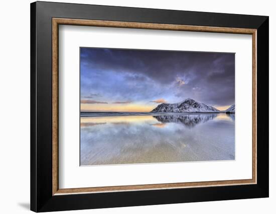 Sunset on Skagsanden Beach Surrounded by Snow Covered Mountains, Lofoten Islands-ClickAlps-Framed Photographic Print