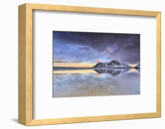 Sunset on Skagsanden Beach Surrounded by Snow Covered Mountains, Lofoten Islands-ClickAlps-Framed Photographic Print