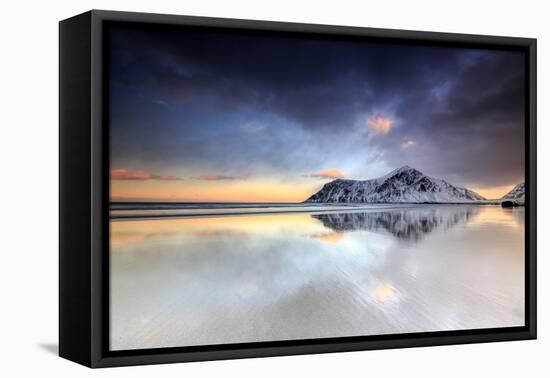 Sunset on Skagsanden Beach Surrounded by Snow Covered Mountains Reflected in the Cold Sea-Roberto Moiola-Framed Premier Image Canvas