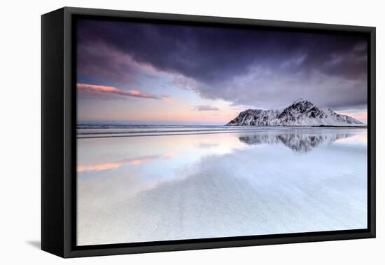 Sunset on Skagsanden Beach Surrounded by Snow Covered Mountains Reflected in the Cold Sea-Roberto Moiola-Framed Premier Image Canvas