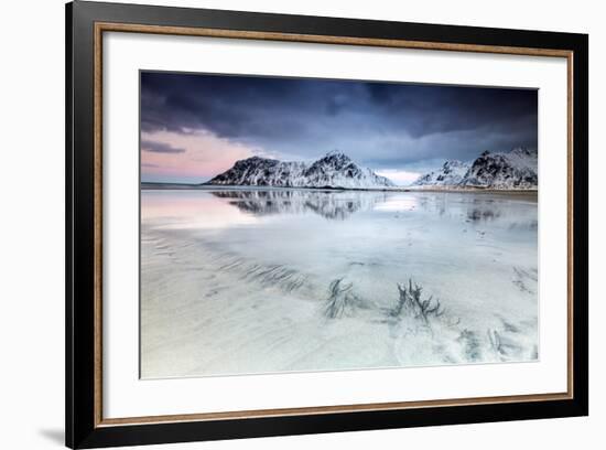 Sunset on Skagsanden Beach Surrounded by Snow Covered Mountains Reflected in the Cold Sea-Roberto Moiola-Framed Photographic Print