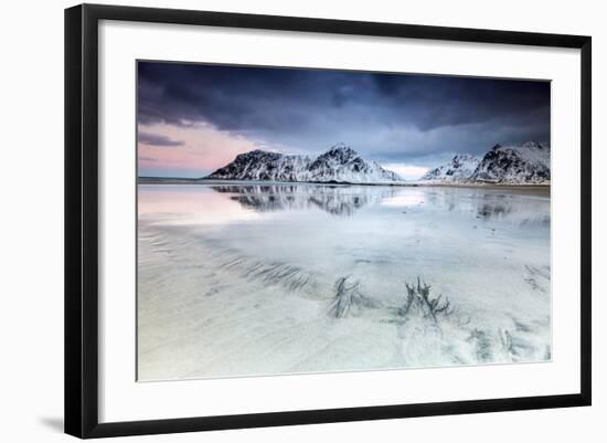 Sunset on Skagsanden Beach Surrounded by Snow Covered Mountains Reflected in the Cold Sea-Roberto Moiola-Framed Photographic Print