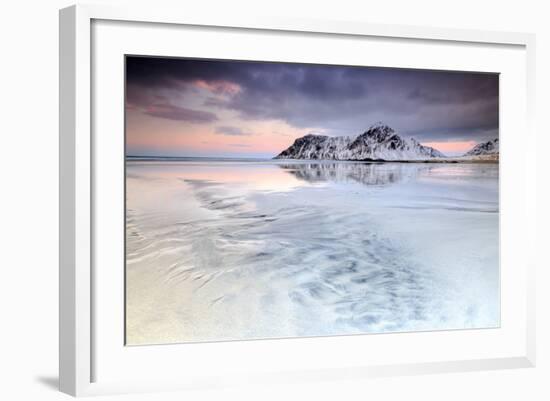 Sunset on Skagsanden Beach Surrounded by Snow Covered Mountains Reflected in the Cold Sea-Roberto Moiola-Framed Photographic Print