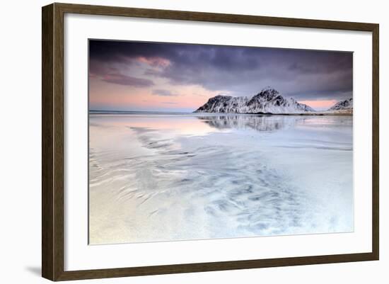 Sunset on Skagsanden Beach Surrounded by Snow Covered Mountains Reflected in the Cold Sea-Roberto Moiola-Framed Photographic Print