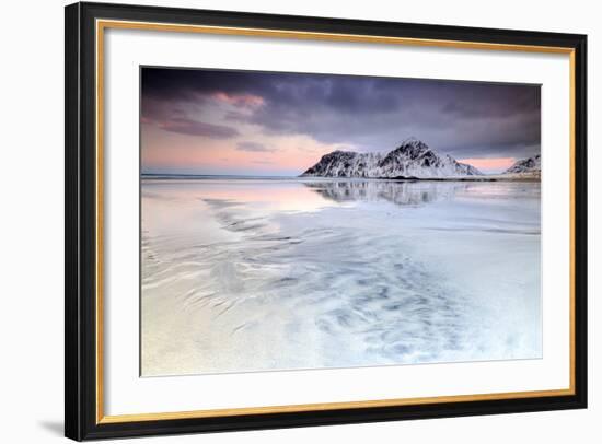 Sunset on Skagsanden Beach Surrounded by Snow Covered Mountains Reflected in the Cold Sea-Roberto Moiola-Framed Photographic Print