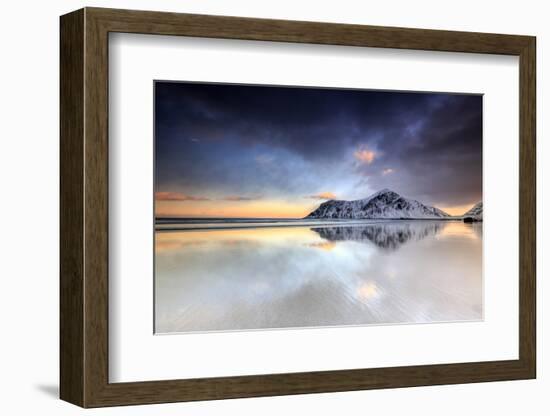 Sunset on Skagsanden Beach Surrounded by Snow Covered Mountains Reflected in the Cold Sea-Roberto Moiola-Framed Photographic Print