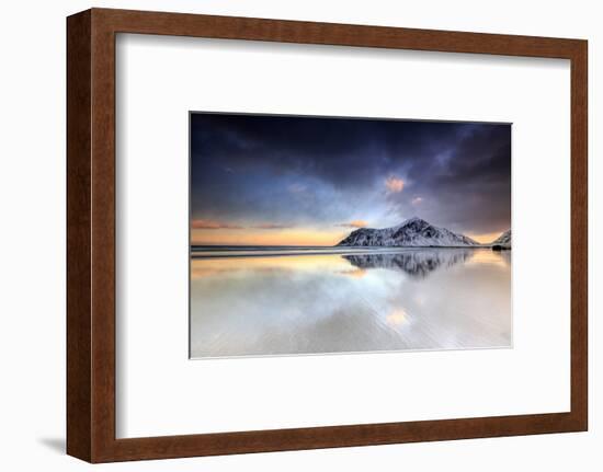 Sunset on Skagsanden Beach Surrounded by Snow Covered Mountains Reflected in the Cold Sea-Roberto Moiola-Framed Photographic Print