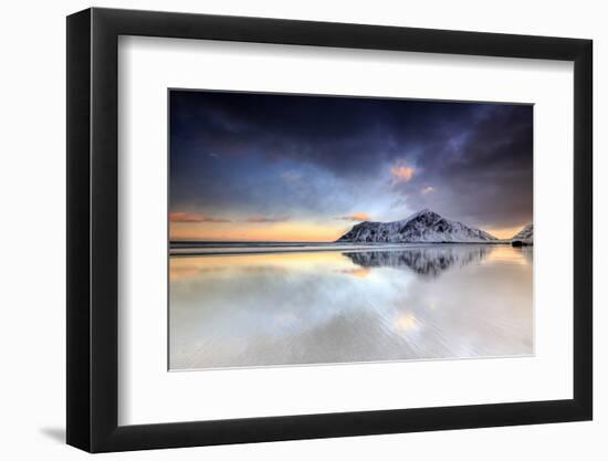 Sunset on Skagsanden Beach Surrounded by Snow Covered Mountains Reflected in the Cold Sea-Roberto Moiola-Framed Photographic Print