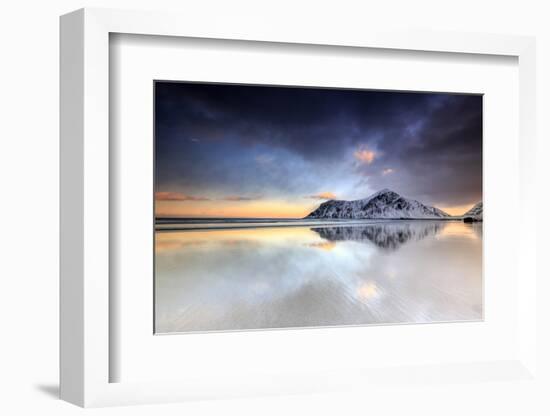 Sunset on Skagsanden Beach Surrounded by Snow Covered Mountains Reflected in the Cold Sea-Roberto Moiola-Framed Photographic Print