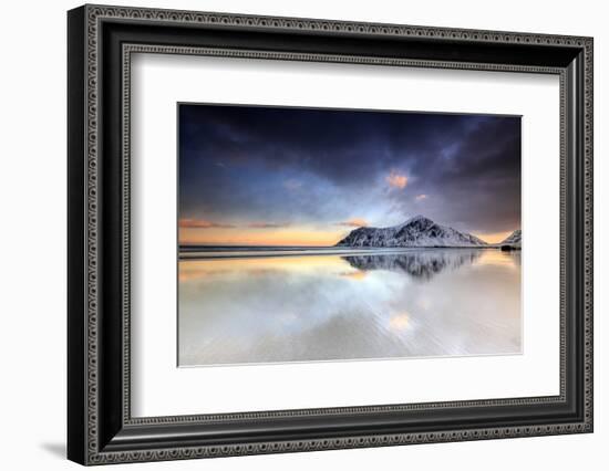 Sunset on Skagsanden Beach Surrounded by Snow Covered Mountains Reflected in the Cold Sea-Roberto Moiola-Framed Photographic Print