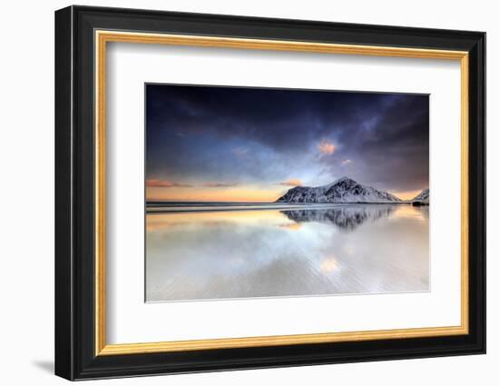 Sunset on Skagsanden Beach Surrounded by Snow Covered Mountains Reflected in the Cold Sea-Roberto Moiola-Framed Photographic Print