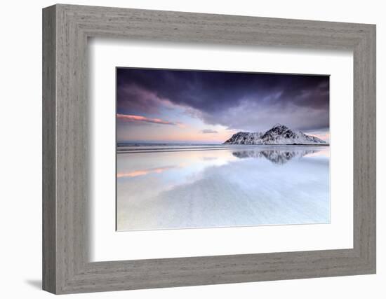 Sunset on Skagsanden Beach Surrounded by Snow Covered Mountains Reflected in the Cold Sea-Roberto Moiola-Framed Photographic Print