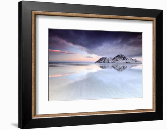 Sunset on Skagsanden Beach Surrounded by Snow Covered Mountains Reflected in the Cold Sea-Roberto Moiola-Framed Photographic Print