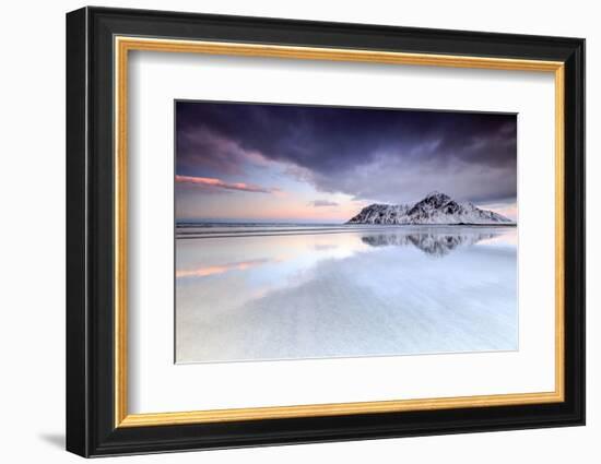 Sunset on Skagsanden Beach Surrounded by Snow Covered Mountains Reflected in the Cold Sea-Roberto Moiola-Framed Photographic Print