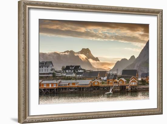 Sunset on the Fishing Village Framed by Rocky Peaks and Sea, Sakrisoya, Nordland County-Roberto Moiola-Framed Photographic Print