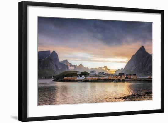 Sunset on the Fishing Village Framed by Rocky Peaks and Sea, Sakrisoya, Nordland County-Roberto Moiola-Framed Photographic Print