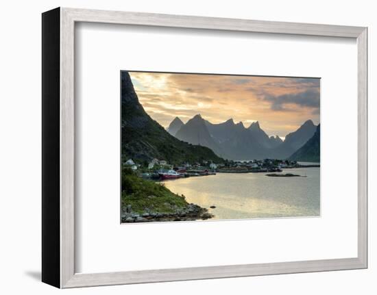 Sunset on the Fishing Village Surrounded by Rocky Peaks and Sea, Reine, Nordland County-Roberto Moiola-Framed Photographic Print