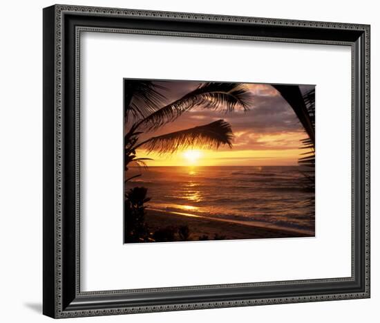 Sunset on the Ocean with Palm Trees, Oahu, HI-Bill Romerhaus-Framed Photographic Print