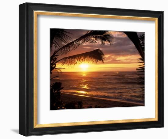 Sunset on the Ocean with Palm Trees, Oahu, HI-Bill Romerhaus-Framed Photographic Print