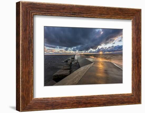 Sunset on the Pier to the Ludington Lighthouse in Lake Michigan in Ludington, Michigan, Usa-Chuck Haney-Framed Photographic Print