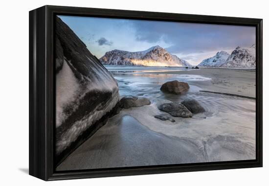 Sunset on the Surreal Skagsanden Beach Surrounded by Snow Covered Mountains-Roberto Moiola-Framed Premier Image Canvas
