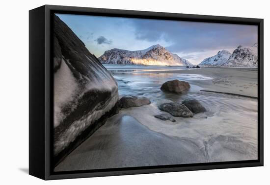 Sunset on the Surreal Skagsanden Beach Surrounded by Snow Covered Mountains-Roberto Moiola-Framed Premier Image Canvas