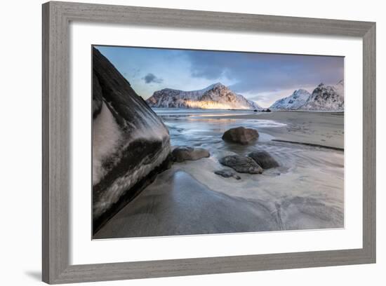 Sunset on the Surreal Skagsanden Beach Surrounded by Snow Covered Mountains-Roberto Moiola-Framed Photographic Print