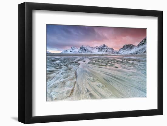 Sunset on the Surreal Skagsanden Beach Surrounded by Snow Covered Mountains-Roberto Moiola-Framed Photographic Print