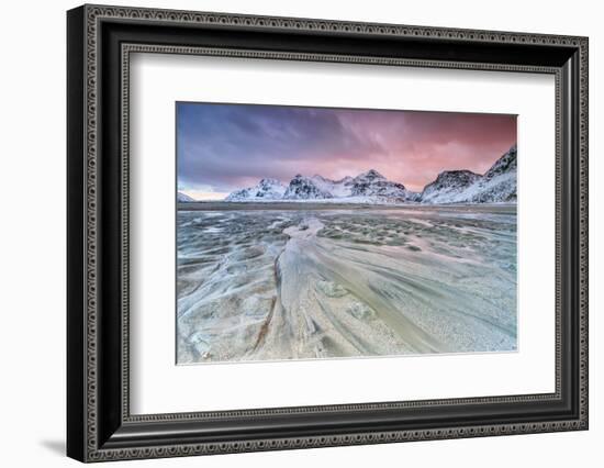 Sunset on the Surreal Skagsanden Beach Surrounded by Snow Covered Mountains-Roberto Moiola-Framed Photographic Print