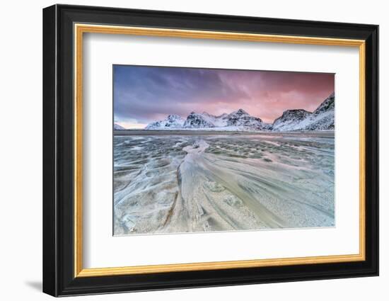 Sunset on the Surreal Skagsanden Beach Surrounded by Snow Covered Mountains-Roberto Moiola-Framed Photographic Print