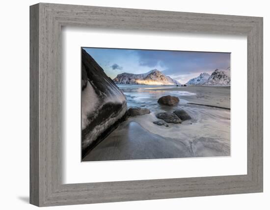 Sunset on the Surreal Skagsanden Beach Surrounded by Snow Covered Mountains-Roberto Moiola-Framed Photographic Print