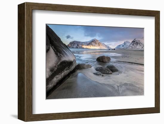 Sunset on the Surreal Skagsanden Beach Surrounded by Snow Covered Mountains-Roberto Moiola-Framed Photographic Print