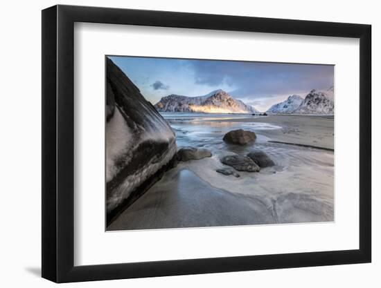 Sunset on the Surreal Skagsanden Beach Surrounded by Snow Covered Mountains-Roberto Moiola-Framed Photographic Print