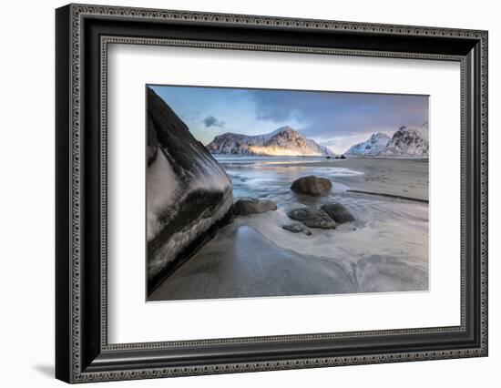 Sunset on the Surreal Skagsanden Beach Surrounded by Snow Covered Mountains-Roberto Moiola-Framed Photographic Print