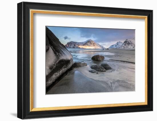 Sunset on the Surreal Skagsanden Beach Surrounded by Snow Covered Mountains-Roberto Moiola-Framed Photographic Print