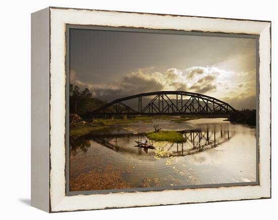 Sunset Over a Bridge in Da Nang with a Small Fisherman's Boat-Alex Saberi-Framed Premier Image Canvas