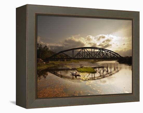 Sunset Over a Bridge in Da Nang with a Small Fisherman's Boat-Alex Saberi-Framed Premier Image Canvas