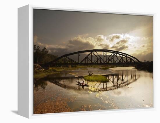 Sunset Over a Bridge in Da Nang with a Small Fisherman's Boat-Alex Saberi-Framed Premier Image Canvas