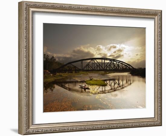 Sunset Over a Bridge in Da Nang with a Small Fisherman's Boat-Alex Saberi-Framed Photographic Print