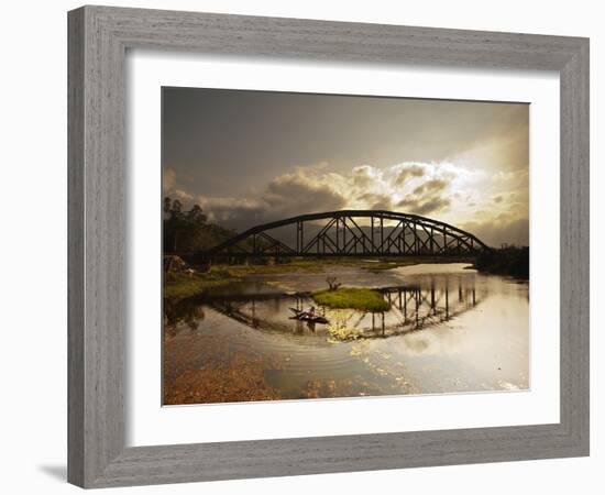 Sunset Over a Bridge in Da Nang with a Small Fisherman's Boat-Alex Saberi-Framed Photographic Print