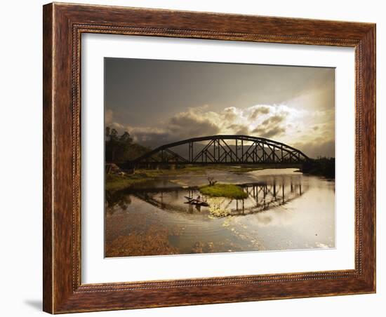 Sunset Over a Bridge in Da Nang with a Small Fisherman's Boat-Alex Saberi-Framed Photographic Print