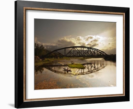 Sunset Over a Bridge in Da Nang with a Small Fisherman's Boat-Alex Saberi-Framed Photographic Print