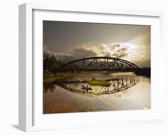 Sunset Over a Bridge in Da Nang with a Small Fisherman's Boat-Alex Saberi-Framed Photographic Print