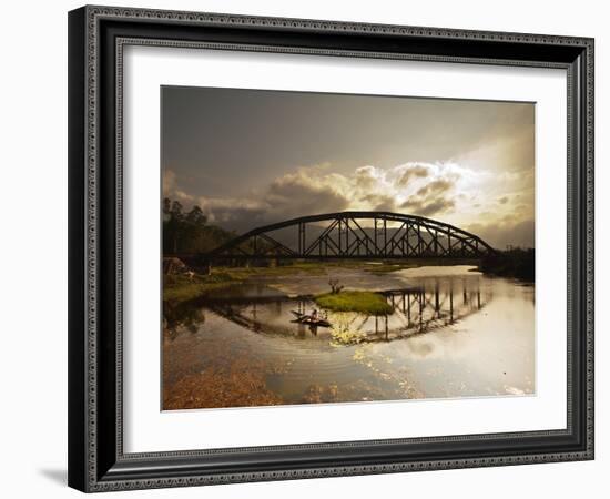 Sunset Over a Bridge in Da Nang with a Small Fisherman's Boat-Alex Saberi-Framed Photographic Print