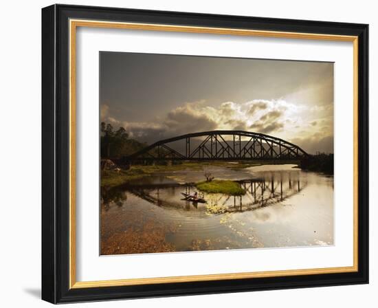 Sunset Over a Bridge in Da Nang with a Small Fisherman's Boat-Alex Saberi-Framed Photographic Print